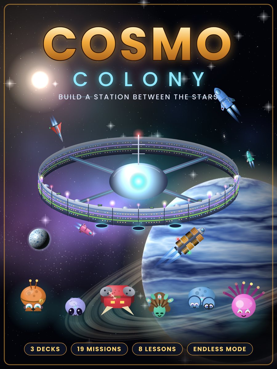 Cosmo Colony box art: a ring-shaped space station above a blue gas giant, with six cute alien visitors